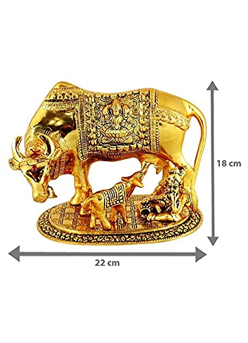 Handicraft Kamdhenu Cow with Calf and Krishna Idol Showpiece in Brass Like Metal for Home Decor and Decorative (Gold, Big 17cm, 500 Grams, 17x12x12 cm)