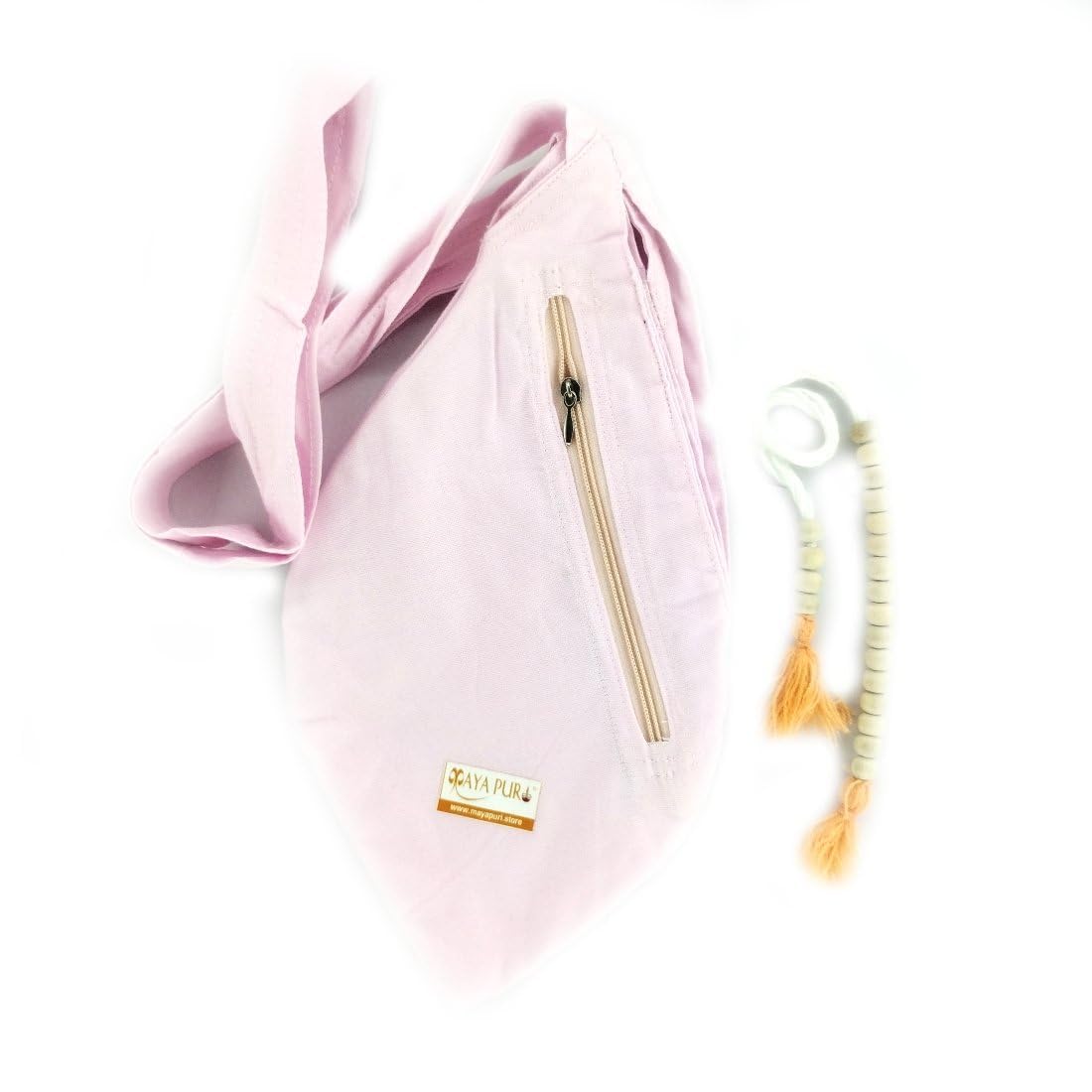 Pure Cotton Original Gomukhi Japa Mala Bag, Chanting Bag or Prayer Beads Bag with Zip Pocket and Sakshi Mala Counter (Light Pink)