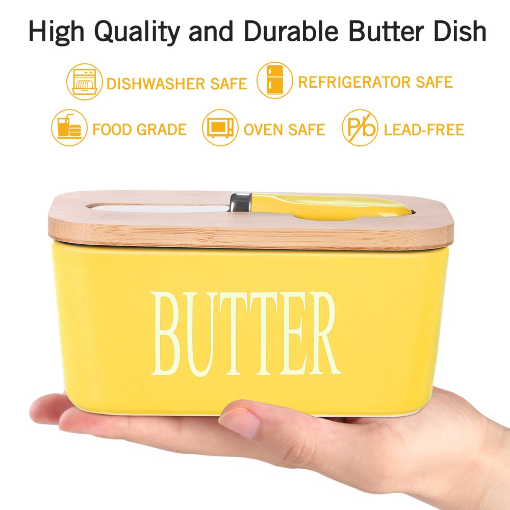 Ceramic Butter Dish with Wooden Lid, Large Butters Container Keeper Storage with Stainless Steel Knife Spreader, Bamboo Cover and Silicone Sealing... Colour:Yellow