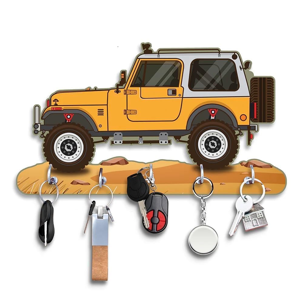 Wooden Key Holder in Mahindra Thar Car Shape – HD UV Printed Wall Mounted Key Stand for Home & Office Décor (11 x 6 Inch, Yellow)