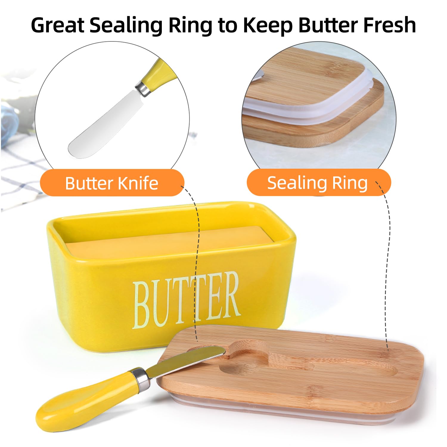 Ceramic Butter Dish with Wooden Lid, Large Butters Container Keeper Storage with Stainless Steel Knife Spreader, Bamboo Cover and Silicone Sealing... Colour:Yellow