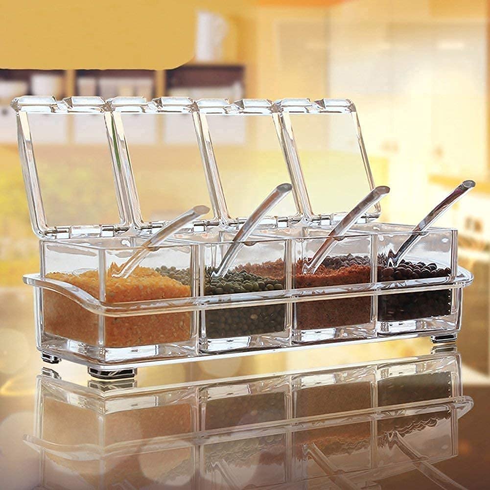 Multipurpose Acrylic Box Pepper Salt Spice Rack Plastic 4 Box with Spoons Kitchen Storage Containers and Cooking Tools Unbreakable Dining Table Storage...