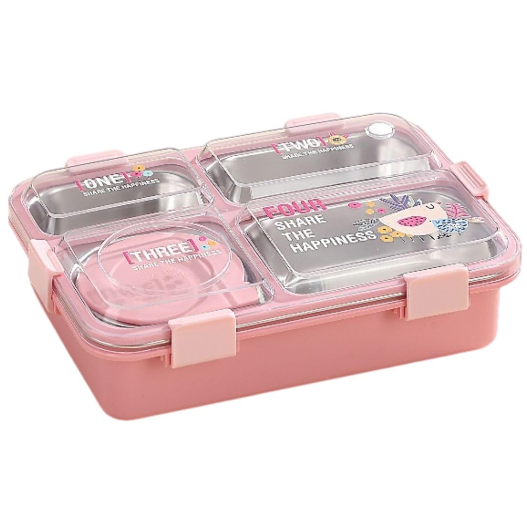 Alpha 4 Kids Lunch Box with 3 Compartment Inner Steel, 1 Small Container, Spoon & Chopstick Leakproof Heating & Water Insulation- 850ml+150ml Peach