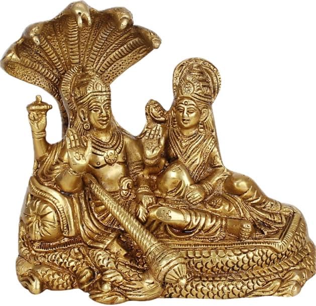 Brass Lakshmi Vishnu Idol God Goddess Statues Religious Deity Laxmi Vishnu Resting On Sheshnaag 4 Inches