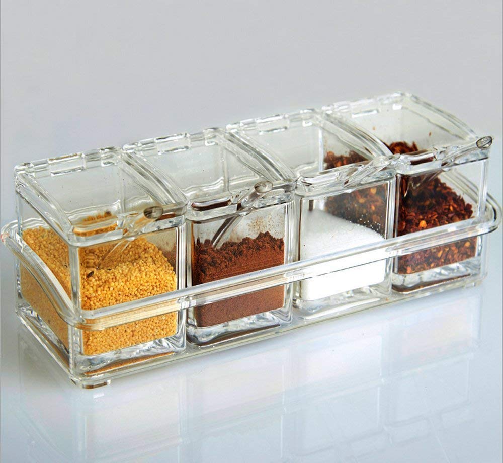 Multipurpose Acrylic Box Pepper Salt Spice Rack Plastic 4 Box with Spoons Kitchen Storage Containers and Cooking Tools Unbreakable Dining Table Storage...