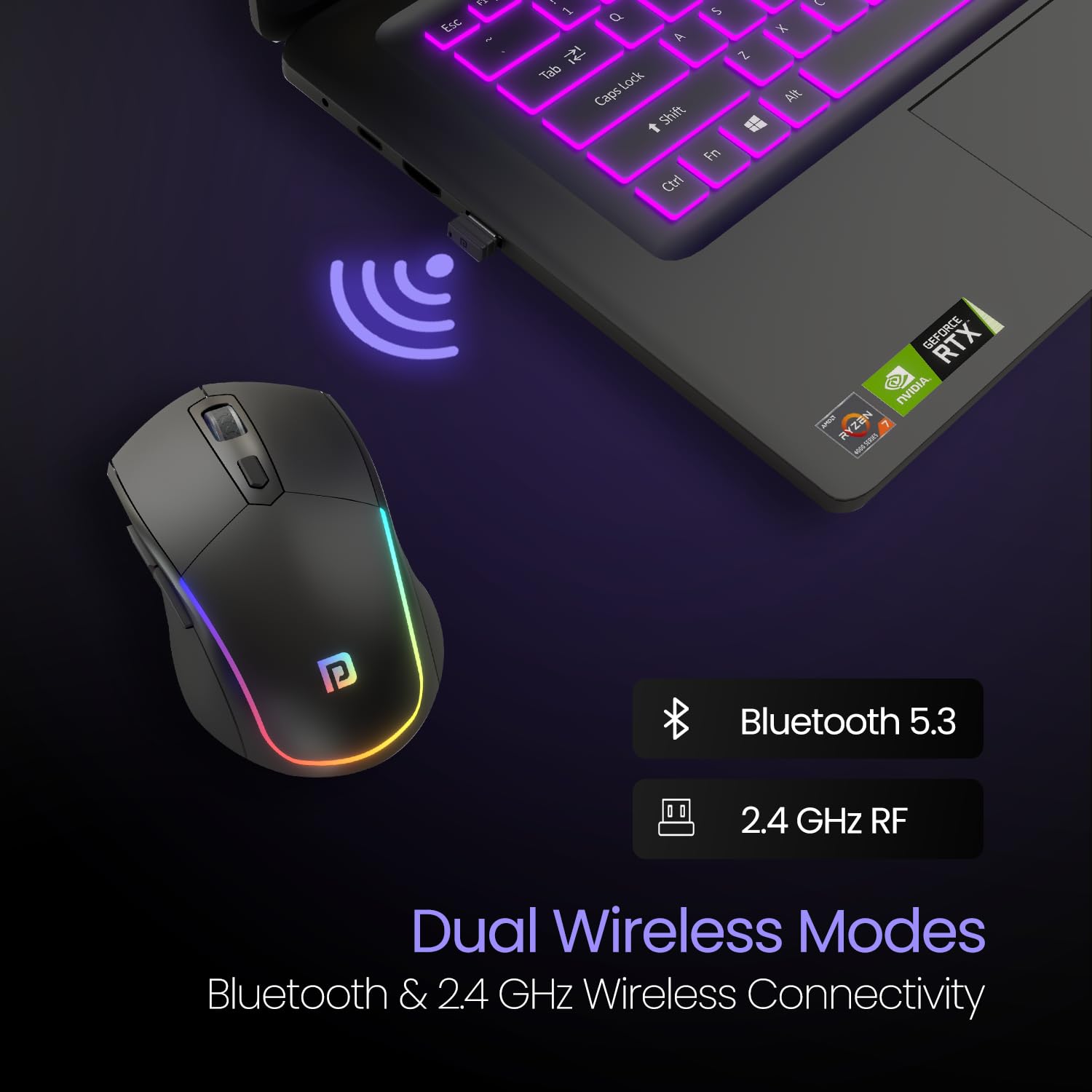 One Bluetooth Mouse with 2.4 GHz & BT 5.3 Dual Wireless, 6 Buttons, Rechargeable, RGB Lights, Connect 3 Devices, Ergonomic Design for Laptop, Smartphone, Tablet (Black)