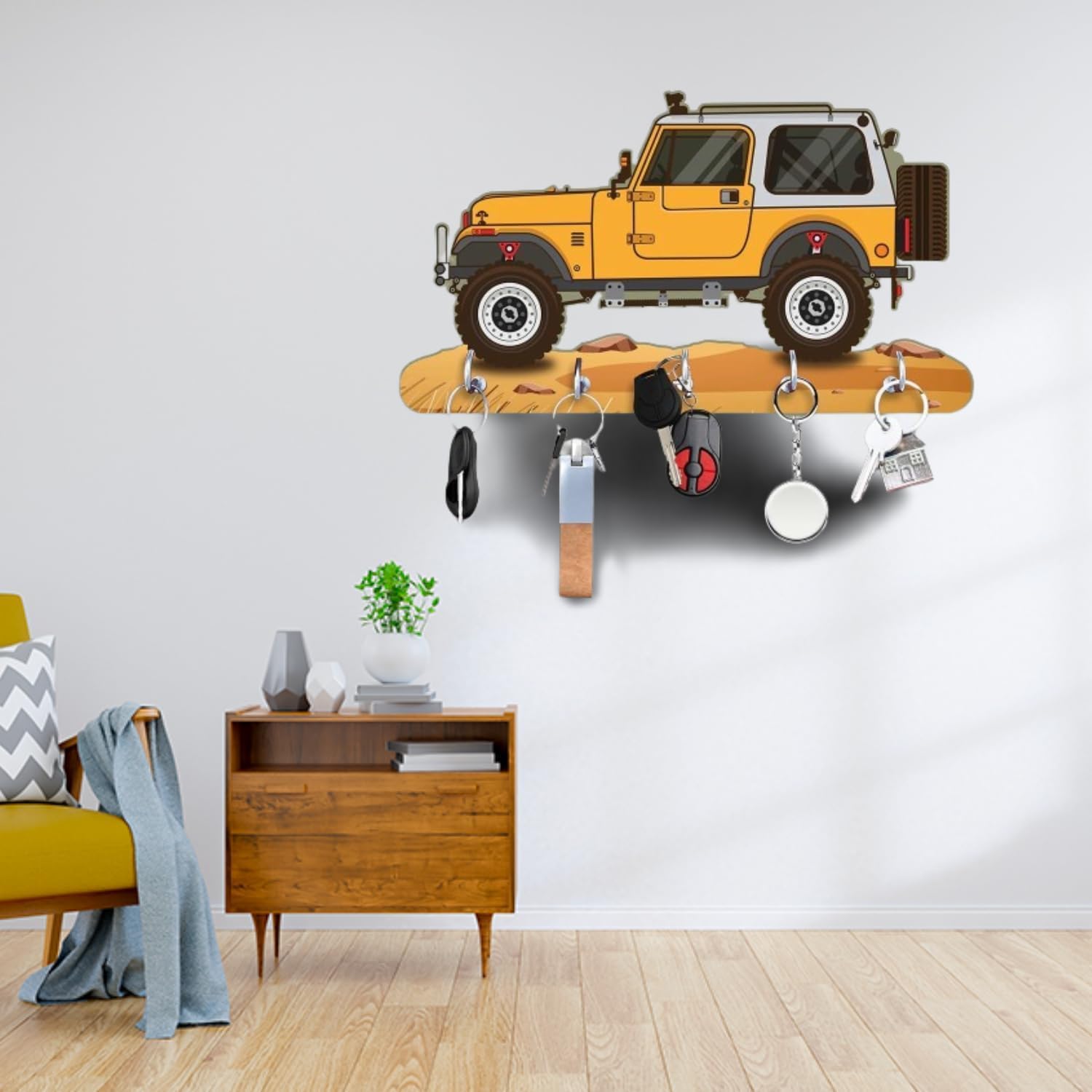 Wooden Key Holder in Mahindra Thar Car Shape – HD UV Printed Wall Mounted Key Stand for Home & Office Décor (11 x 6 Inch, Yellow)