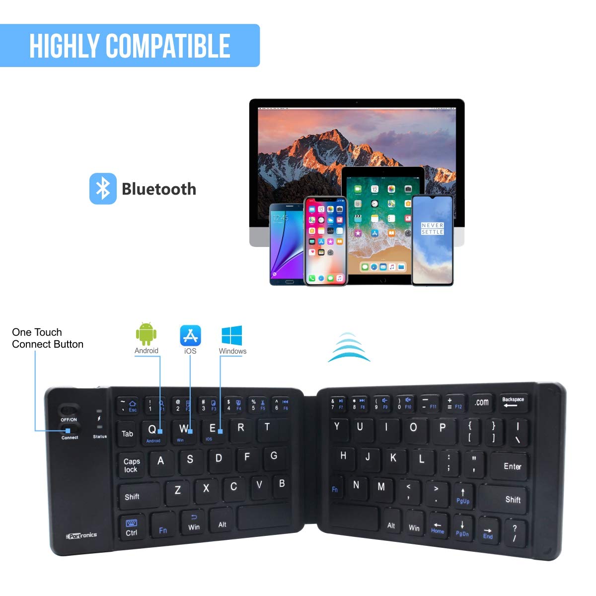 Keyboard, Mini Pocket Sized, Rechargeable, Bluetooth Wireless, One Touch Connect Button, for iOS, Android and Windows Tabs, Smartphones, Black