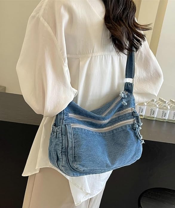 Denim Shoulder Bag for Women, Canvas Aesthetic Crossbody Bag, Lightweight Hobo Handbags, Retro Messenger Bag for Teen Girls, Casual Style Jeans Purse for everyday Use with Zipper Pockets