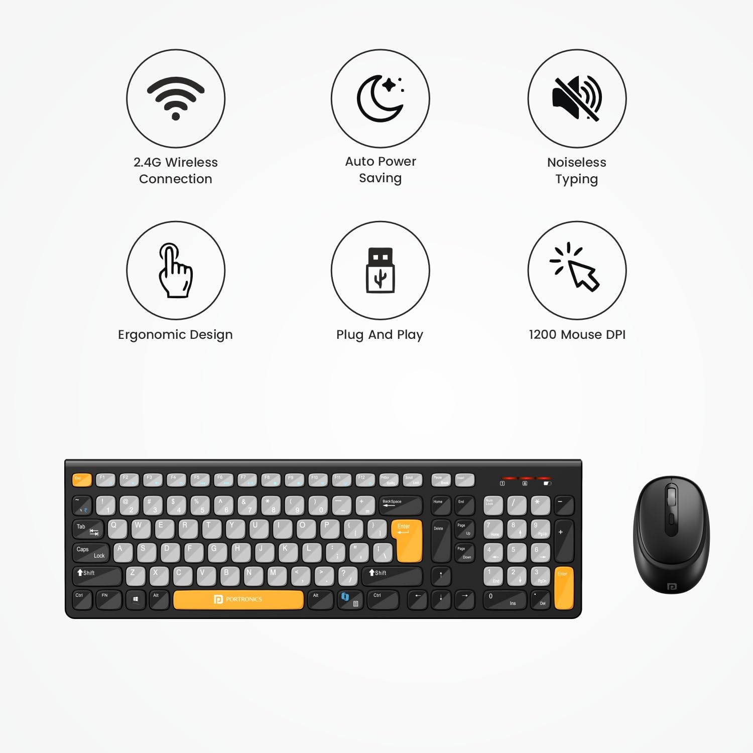 Combo Wireless Keyboard & Mouse Set with Copilot AI, 2.4 GHz USB Receiver, 10m Range, 12 Shortcut Keys, Adjustable DPI (Up to 1600), 10M Key Life for PC, Laptop, Mac(Grey+Orange)