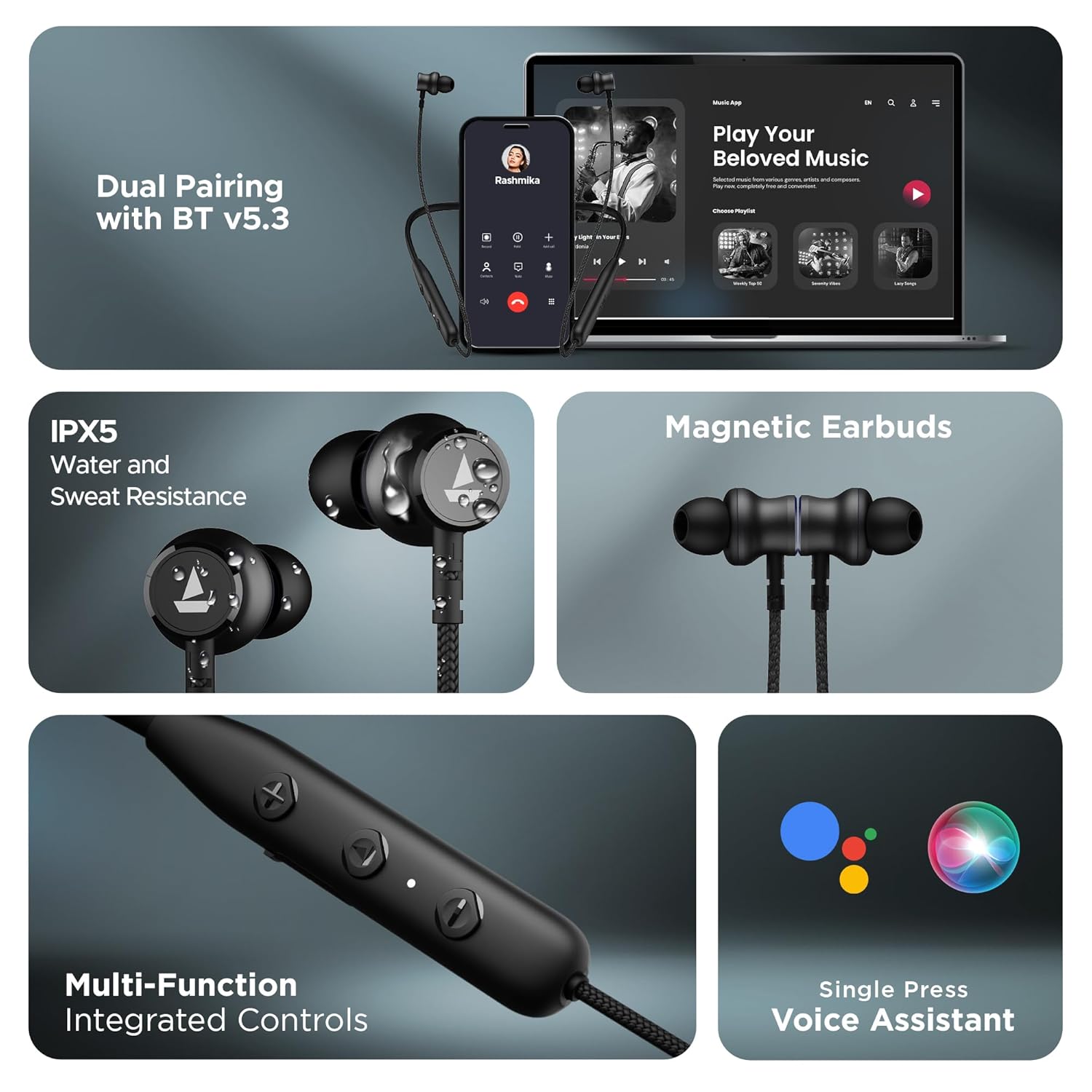 109 Wireless in Ear Neckband with Up to 60 hrs Playtime, Dual Device Pairing, ENx Tech, ASAP Charging, BTv5.3,IPX5,Type-C Interface & Magnetic Power Buds(Active Black)