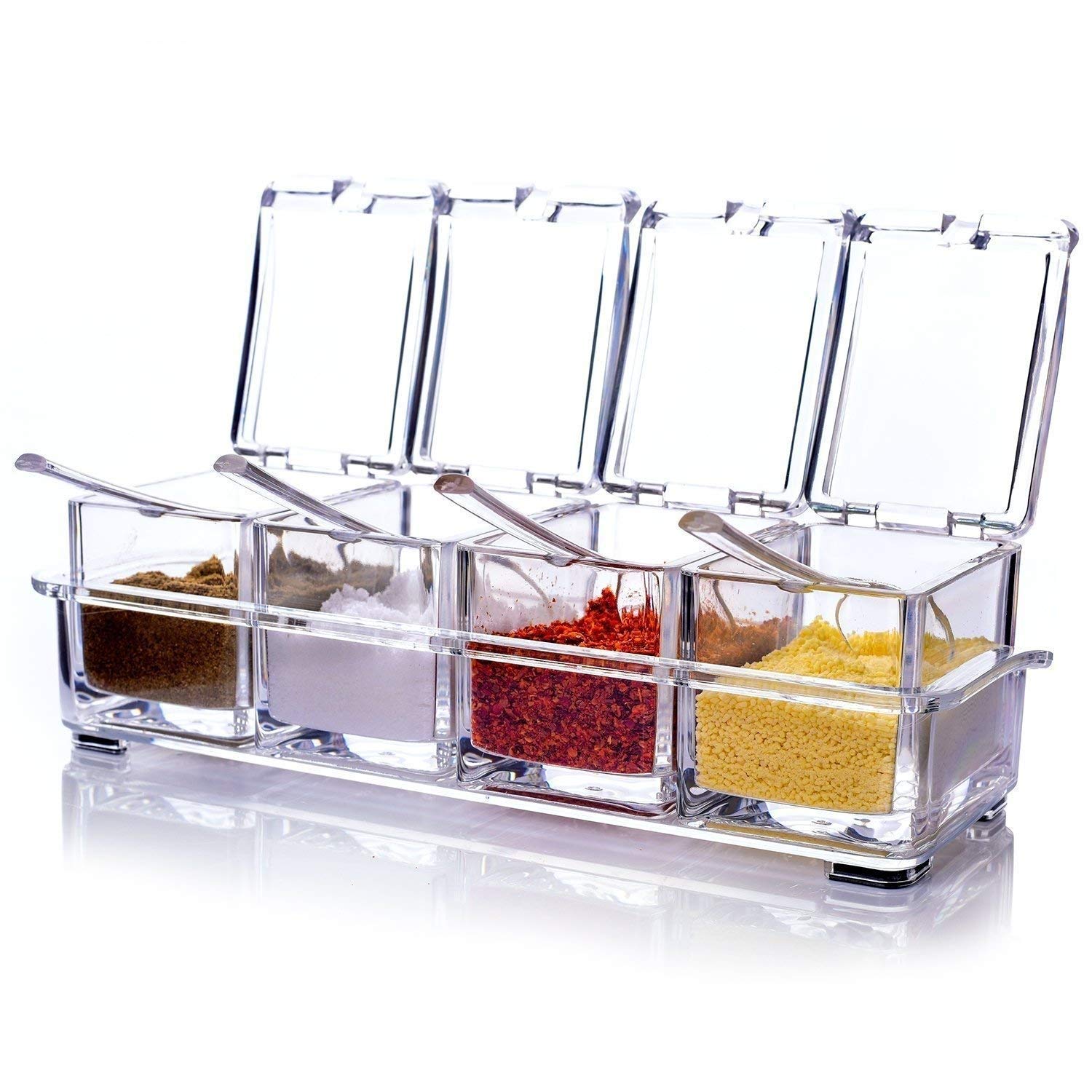 Multipurpose Acrylic Box Pepper Salt Spice Rack Plastic 4 Box with Spoons Kitchen Storage Containers and Cooking Tools Unbreakable Dining Table Storage...