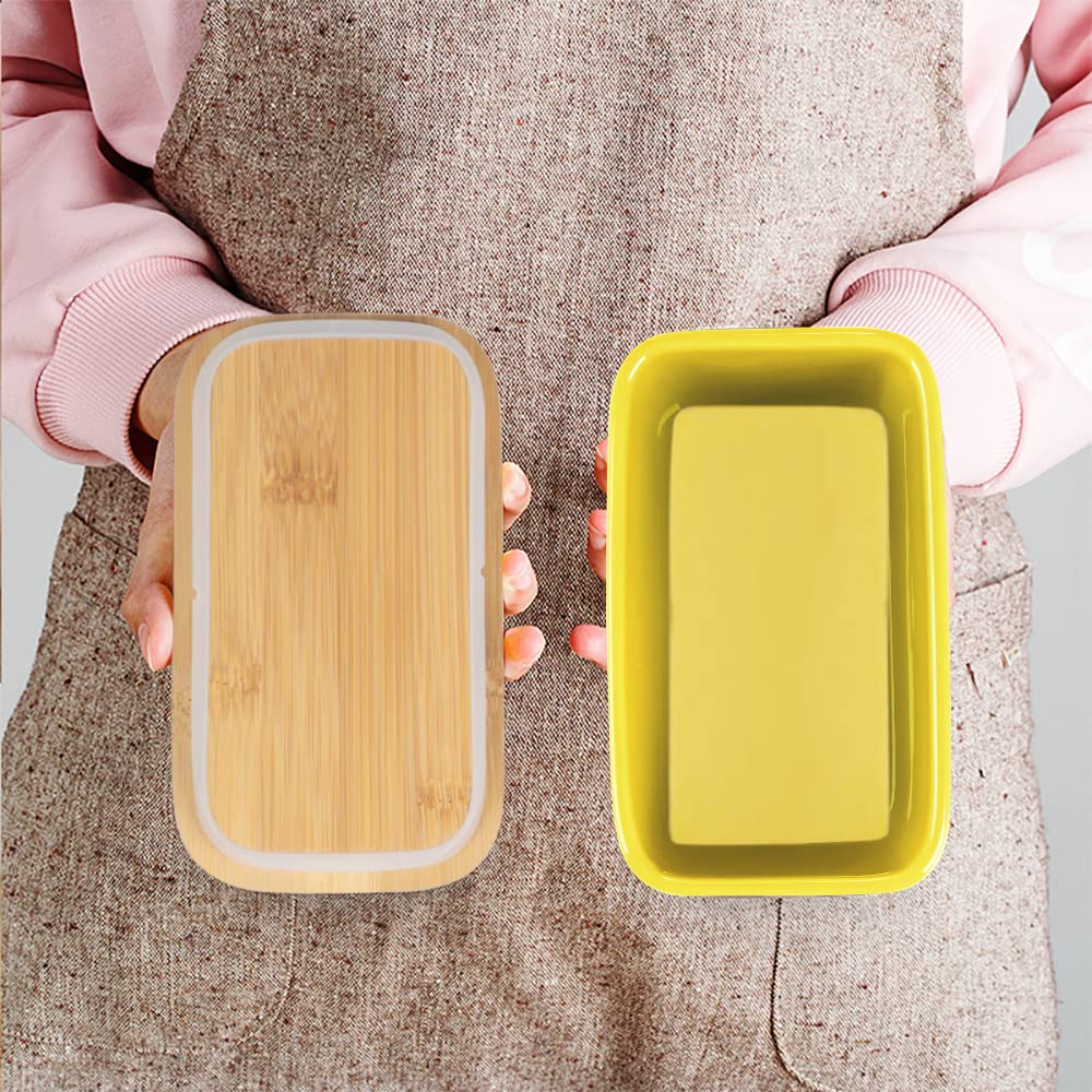 Ceramic Butter Dish with Wooden Lid, Large Butters Container Keeper Storage with Stainless Steel Knife Spreader, Bamboo Cover and Silicone Sealing... Colour:Yellow