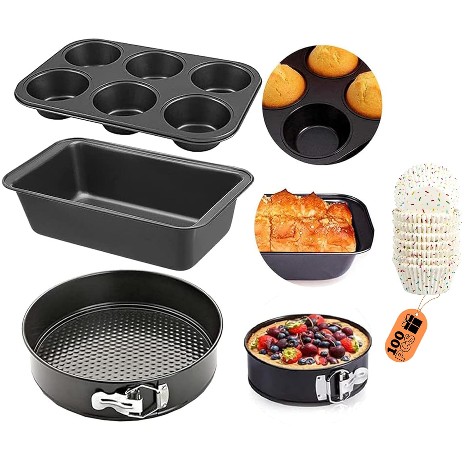 Cake Making Set - Combo Carbon Steel Cake Baking for Microwave OTG Oven and Dishwasher Safe (6 Cavity Cup + Rectangle Cake Tin + Cake Mould)