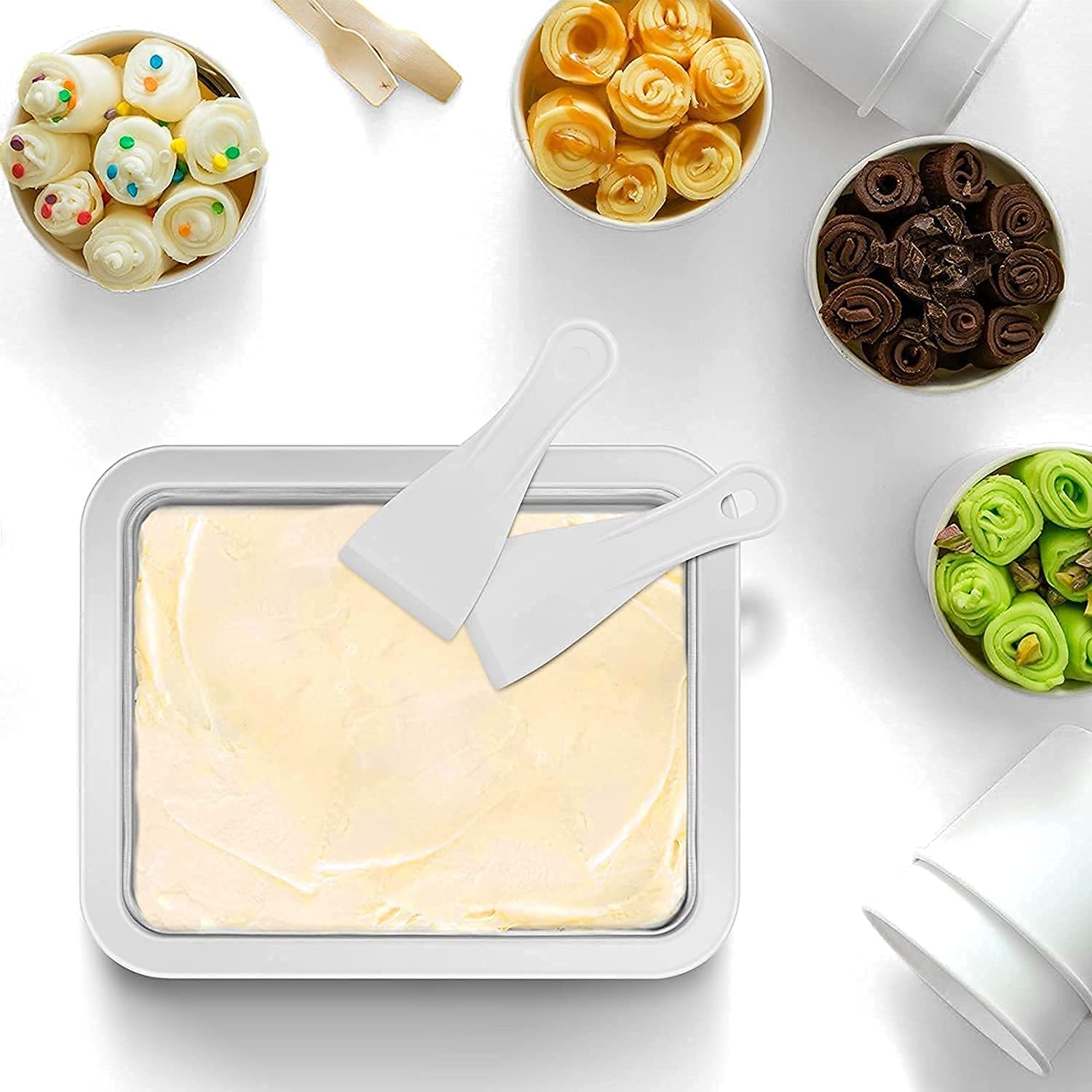 Instant Ice Cream Roller Pan with 2 Spatulas, Rolled Ice Cream Maker Plate, Mini Fried Yogurts Machine with Shovel for Homemade DIY, Rolled Ice Cream Maker