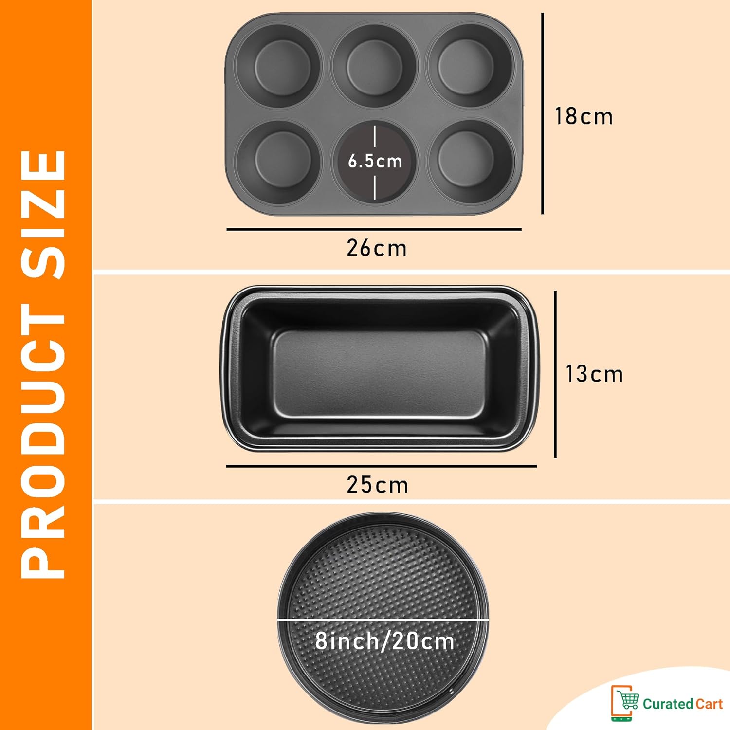 Cake Making Set - Combo Carbon Steel Cake Baking for Microwave OTG Oven and Dishwasher Safe (6 Cavity Cup + Rectangle Cake Tin + Cake Mould)