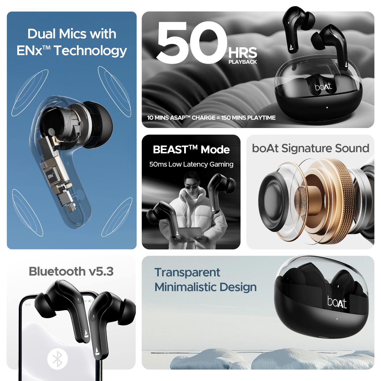 Airdopes 311 Pro, 50HRS Battery, Fast Charge, Dual Mics ENx Tech, Transparent LID, Low Latency, IPX4, IWP Tech, v5.3 Bluetooth Earbuds, TWS Ear Buds Wireless Earphones with mic (Active Black)