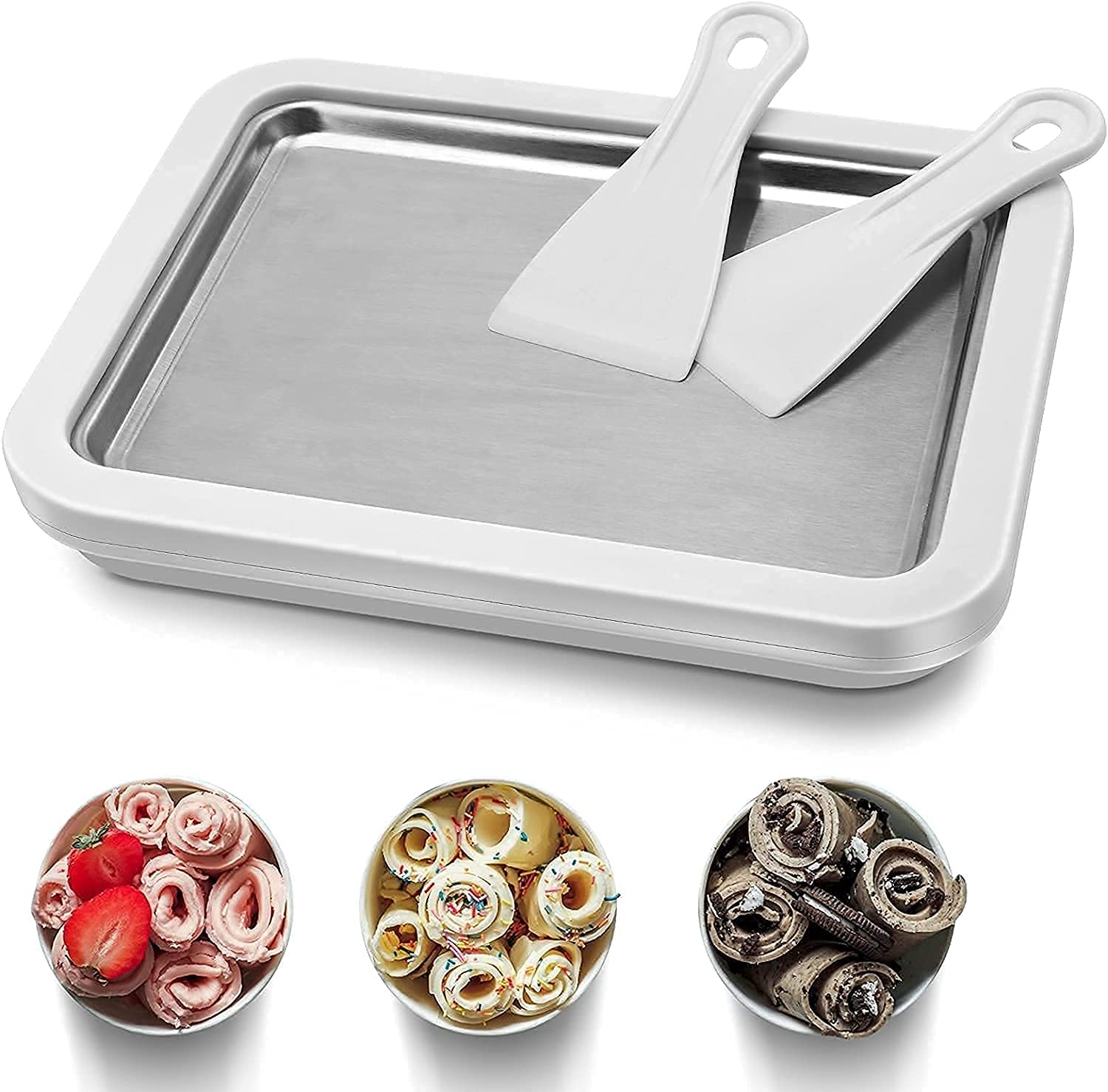 Instant Ice Cream Roller Pan with 2 Spatulas, Rolled Ice Cream Maker Plate, Mini Fried Yogurts Machine with Shovel for Homemade DIY, Rolled Ice Cream Maker