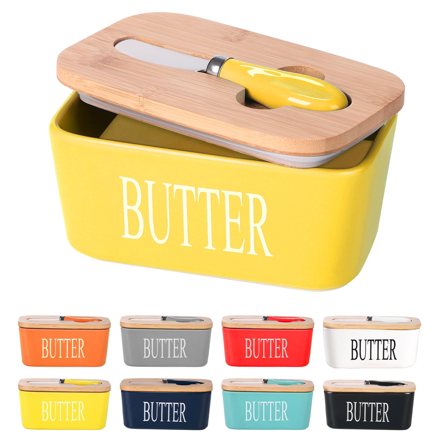 Ceramic Butter Dish with Wooden Lid, Large Butters Container Keeper Storage with Stainless Steel Knife Spreader, Bamboo Cover and Silicone Sealing... Colour:Yellow