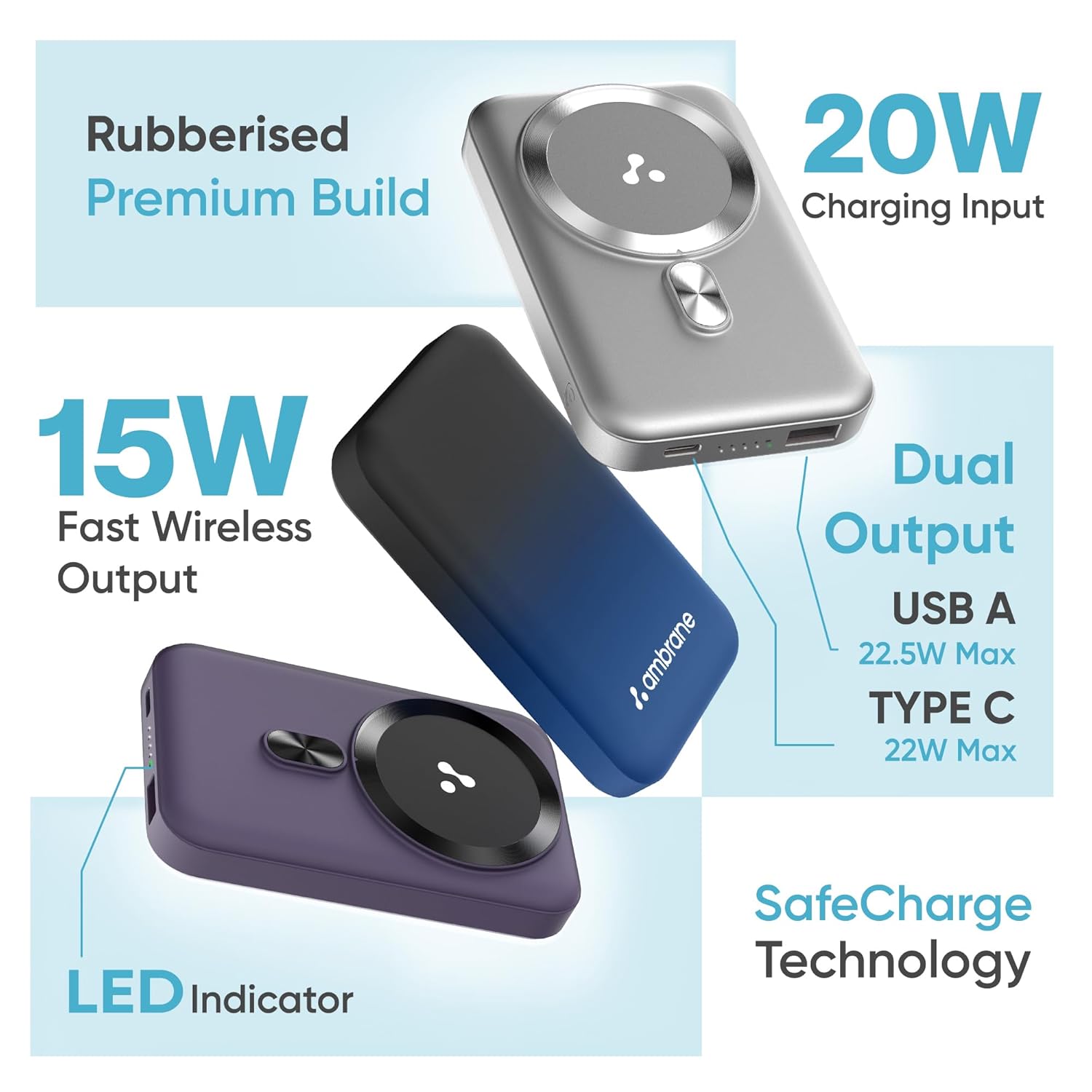 Wireless 10000Mah Fast Charging Power Bank,Strong Magnet,22.5W Output for iPhone 12 Back Cover & Above,Android & Other Qi Enabled Devices + Magnetic Ring (Aerosync Snap,Silver)