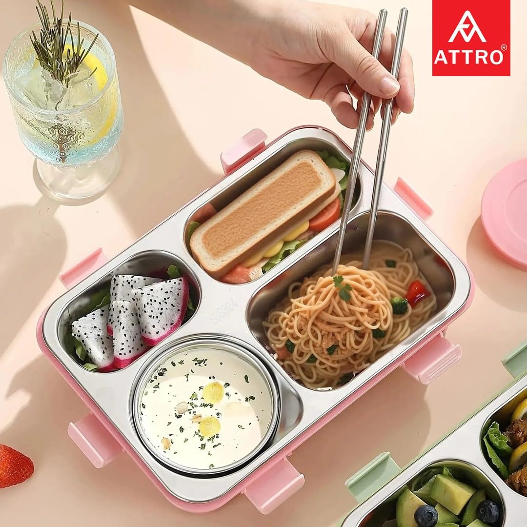 Alpha 4 Kids Lunch Box with 3 Compartment Inner Steel, 1 Small Container, Spoon & Chopstick Leakproof Heating & Water Insulation- 850ml+150ml Peach