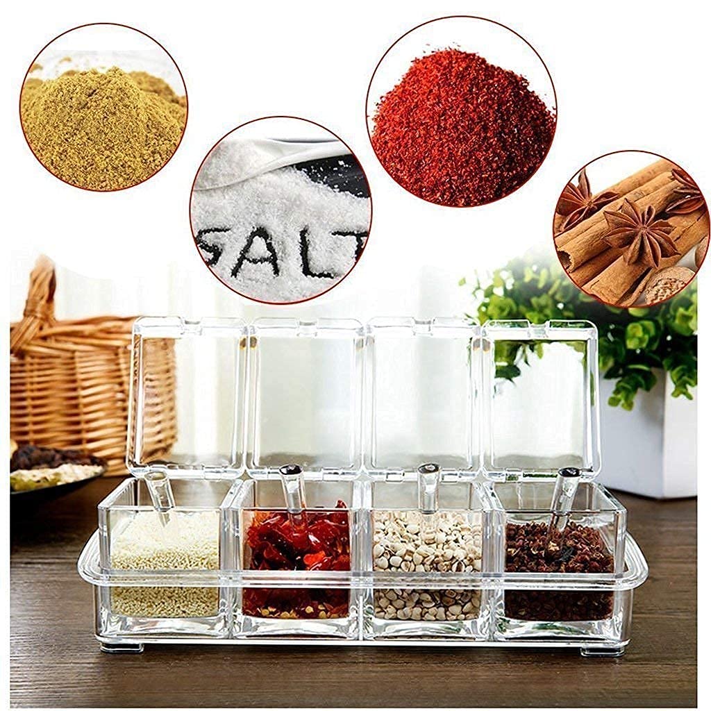 Multipurpose Acrylic Box Pepper Salt Spice Rack Plastic 4 Box with Spoons Kitchen Storage Containers and Cooking Tools Unbreakable Dining Table Storage...