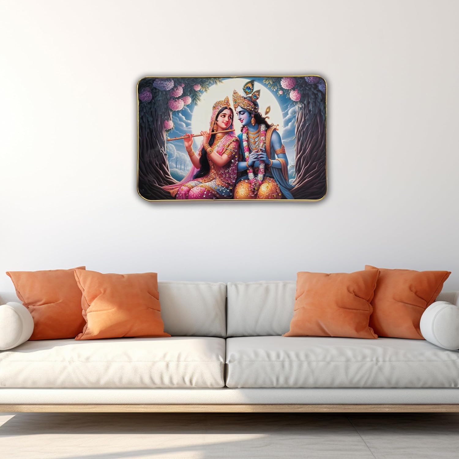 Radha Krishna Wall Painting – Crystal Embedded, High Gloss, Gold Slim Frame, 45x30cm Wall Art