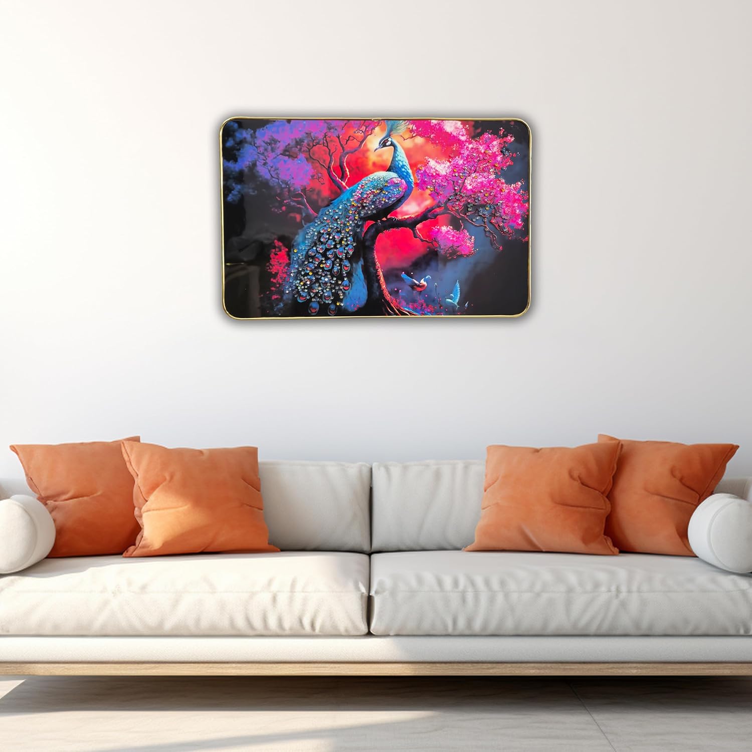 Decorative Peacock Wall Painting with Crystal Embedded High Gloss Surface Gold Slim Frame