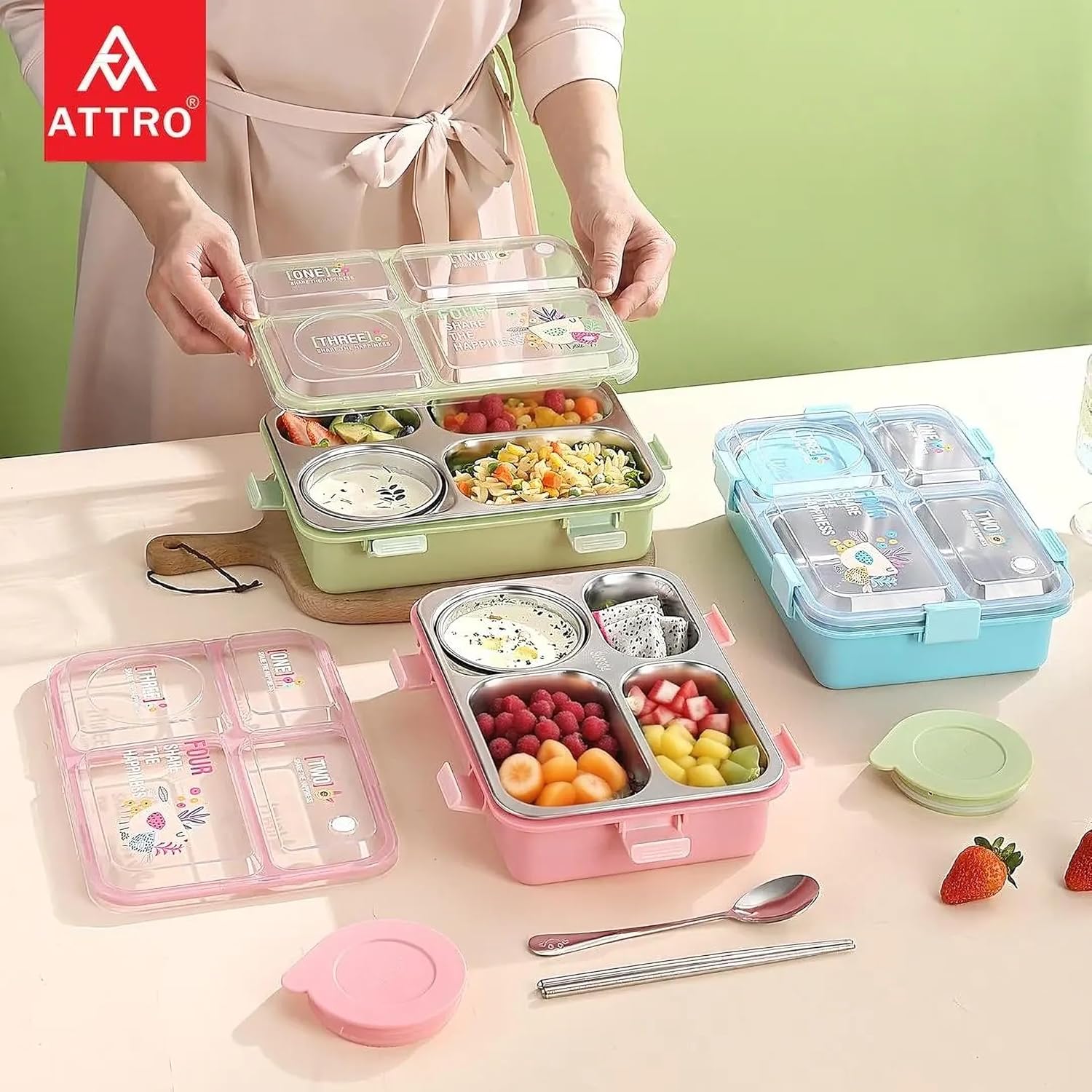 Alpha 4 Kids Lunch Box with 3 Compartment Inner Steel, 1 Small Container, Spoon & Chopstick Leakproof Heating & Water Insulation- 850ml+150ml Peach
