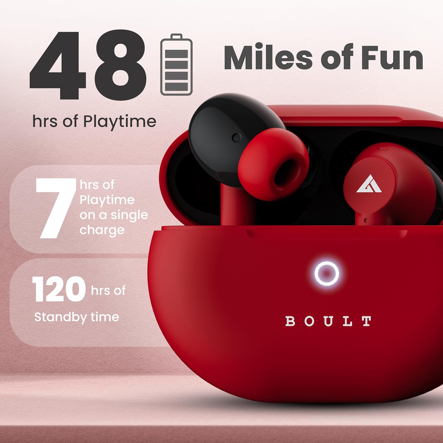 Audio K40 True Wireless in Ear Earbuds with 48H Playtime, Clear Calling 4 Mics, 45ms Low Latency Gaming, Premium Grip, 13mm Bass Drivers, Type-C Fast Charging, BTv 5.3 Ear Buds TWS (Berry Red)