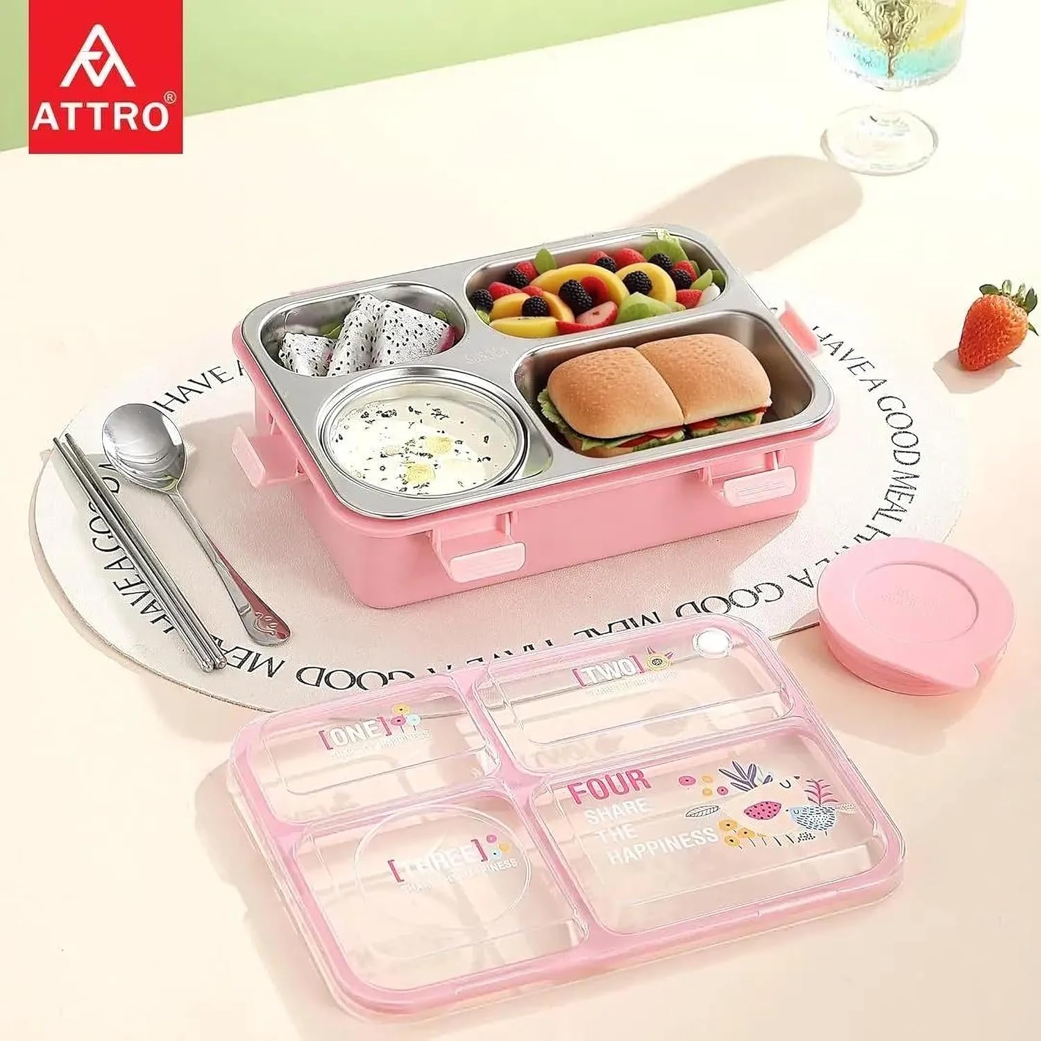 Alpha 4 Kids Lunch Box with 3 Compartment Inner Steel, 1 Small Container, Spoon & Chopstick Leakproof Heating & Water Insulation- 850ml+150ml Peach