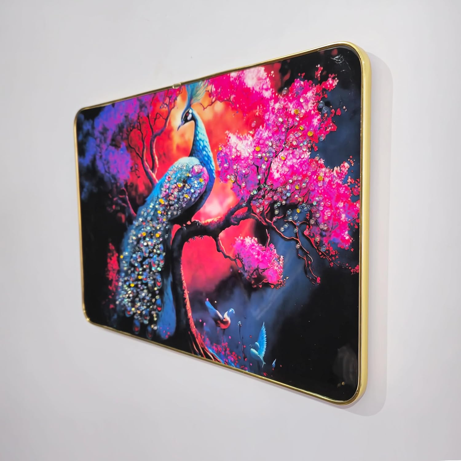 Decorative Peacock Wall Painting with Crystal Embedded High Gloss Surface Gold Slim Frame