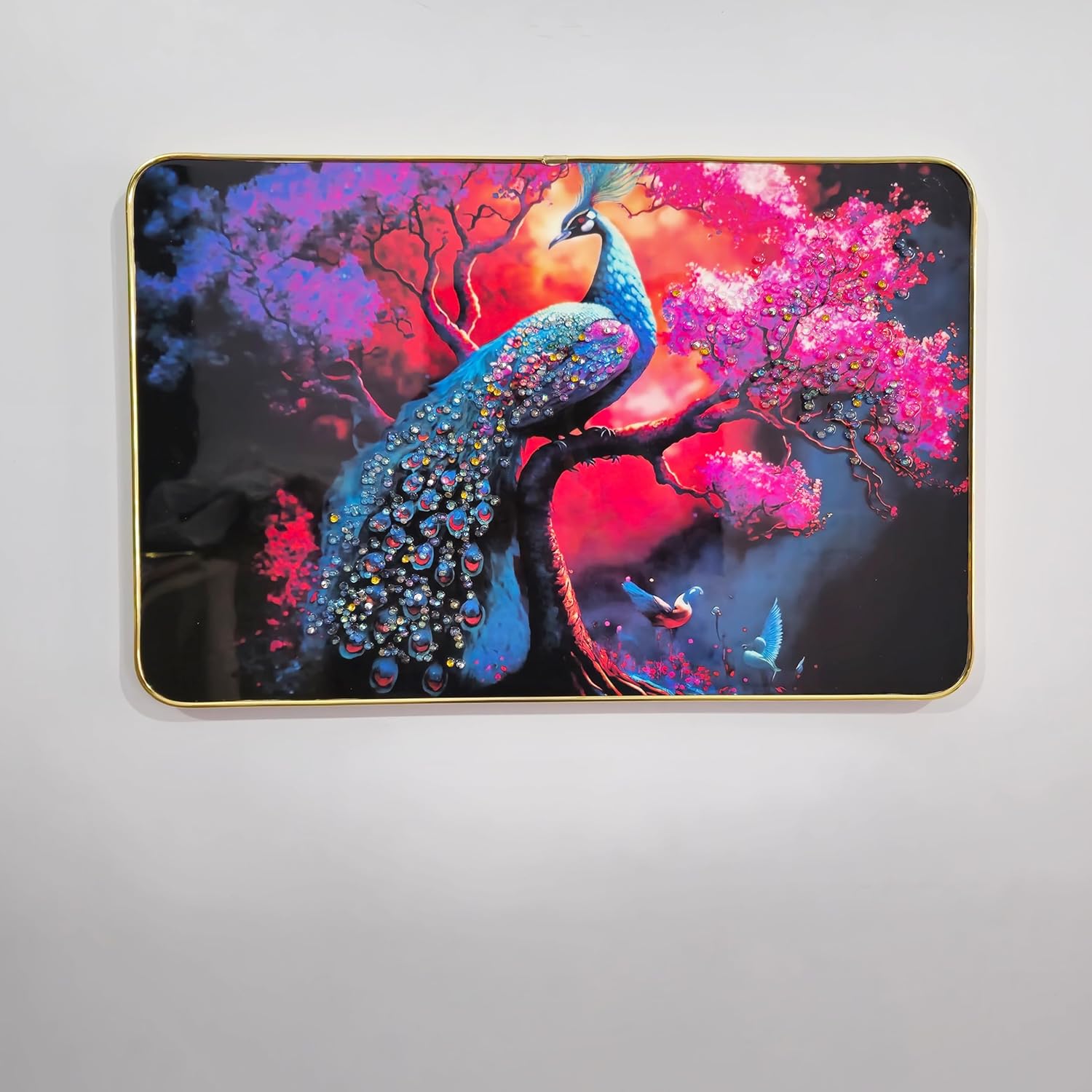 Decorative Peacock Wall Painting with Crystal Embedded High Gloss Surface Gold Slim Frame
