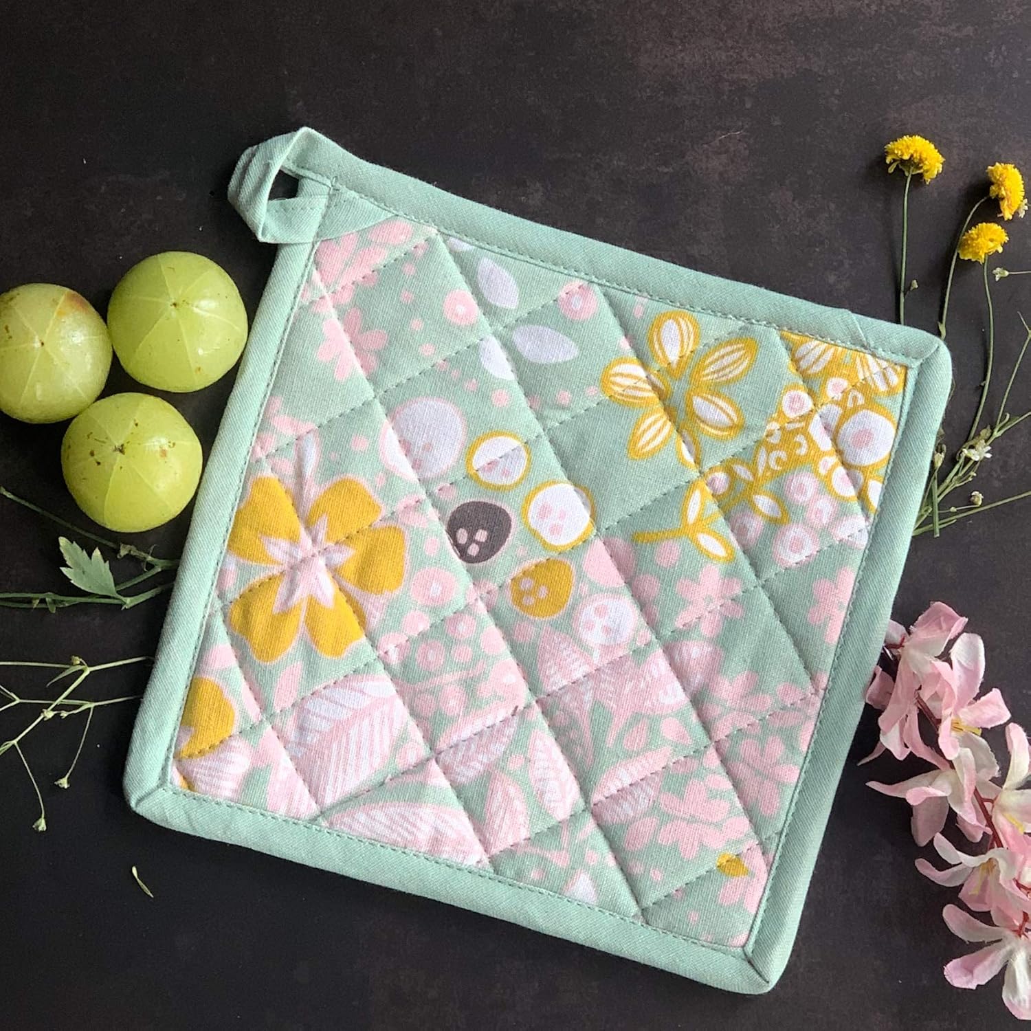 Cotton Flower Print Oven Mitt and Pot Holder (Green Flower GPH)