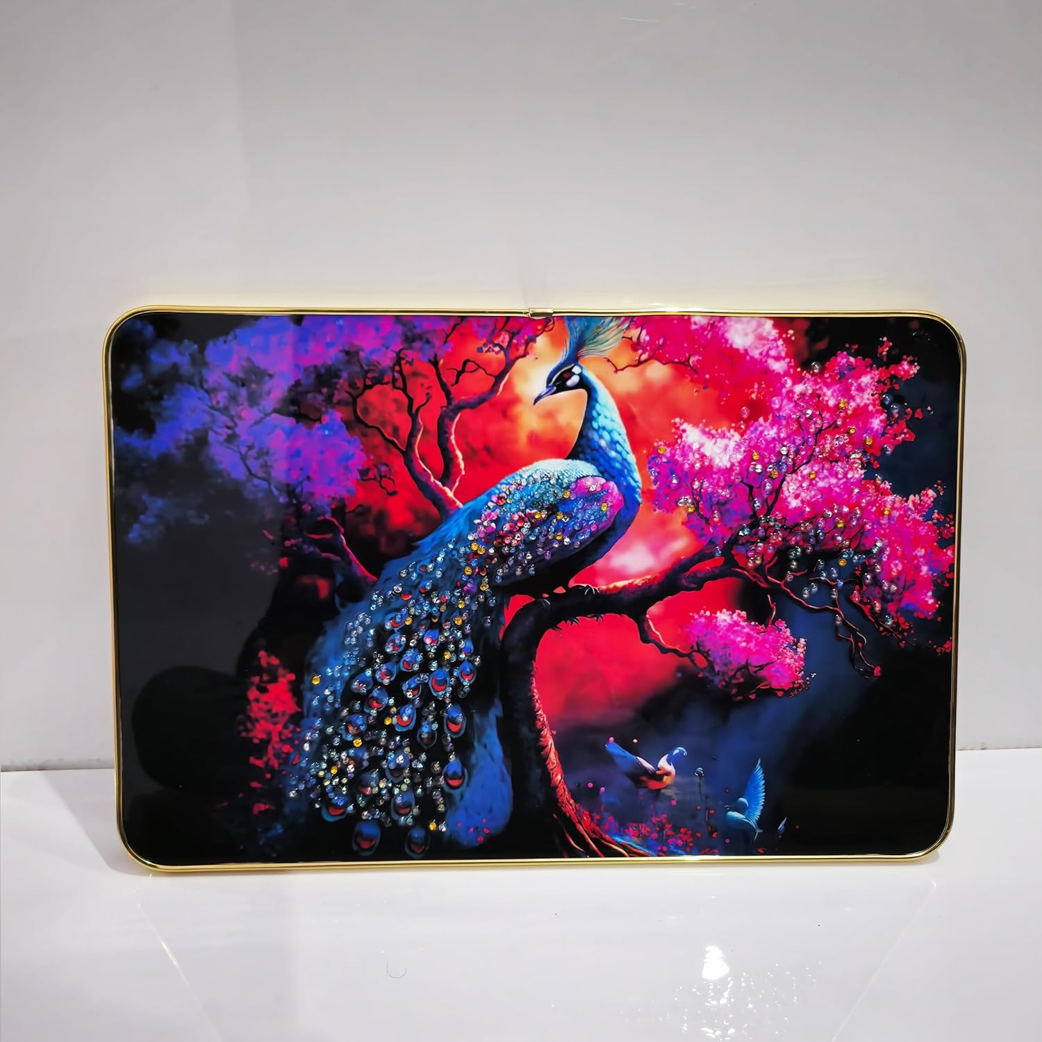 Decorative Peacock Wall Painting with Crystal Embedded High Gloss Surface Gold Slim Frame