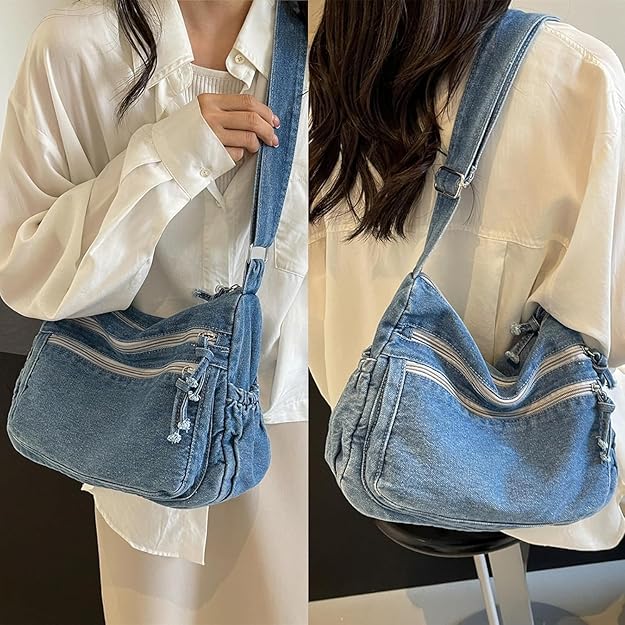 Denim Shoulder Bag for Women, Canvas Aesthetic Crossbody Bag, Lightweight Hobo Handbags, Retro Messenger Bag for Teen Girls, Casual Style Jeans Purse for everyday Use with Zipper Pockets