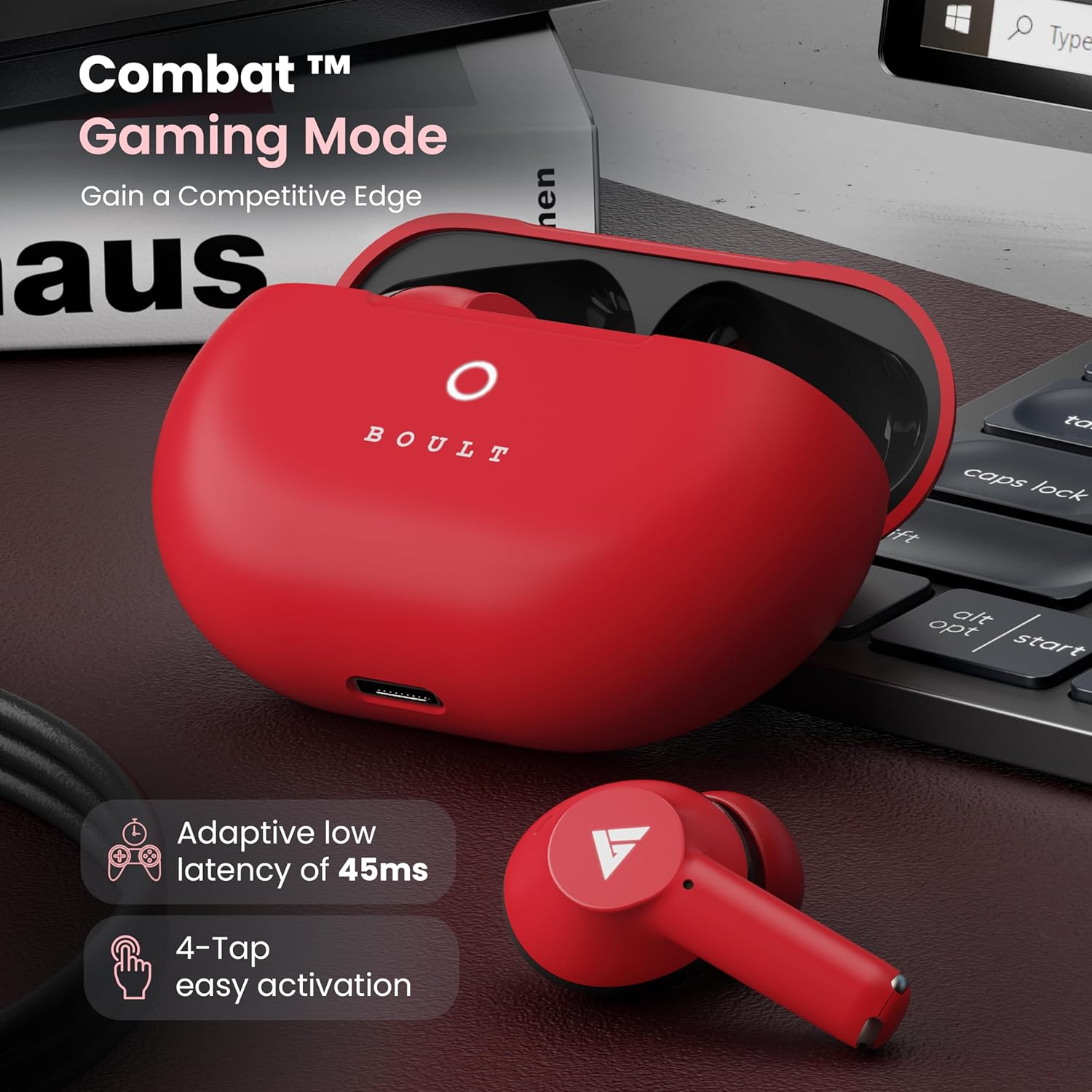Audio K40 True Wireless in Ear Earbuds with 48H Playtime, Clear Calling 4 Mics, 45ms Low Latency Gaming, Premium Grip, 13mm Bass Drivers, Type-C Fast Charging, BTv 5.3 Ear Buds TWS (Berry Red)