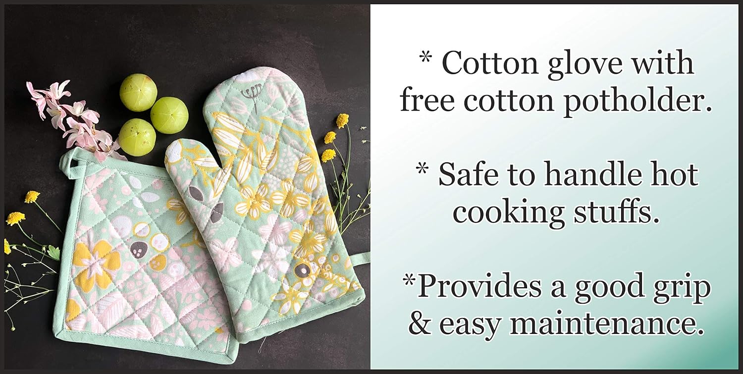 Cotton Flower Print Oven Mitt and Pot Holder (Green Flower GPH)
