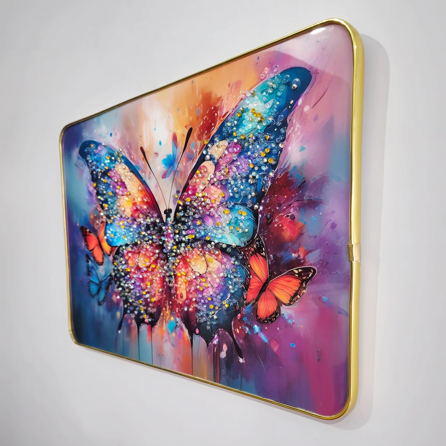 Decorative Butterfly Wall Painting with Crystal Embedded High Gloss Surface Gold Slim Frame Embossed, 45x30 cm Wall Hanging Photos Home Décor Wall Art
