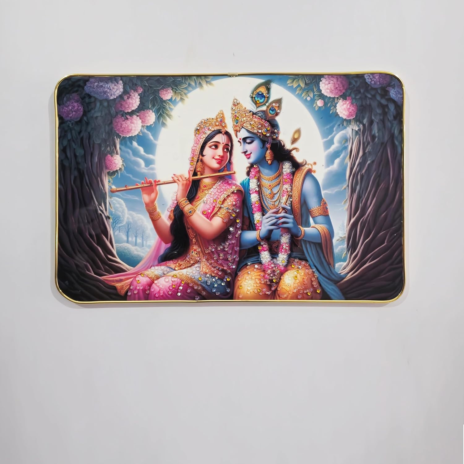 Radha Krishna Wall Painting – Crystal Embedded, High Gloss, Gold Slim Frame, 45x30cm Wall Art