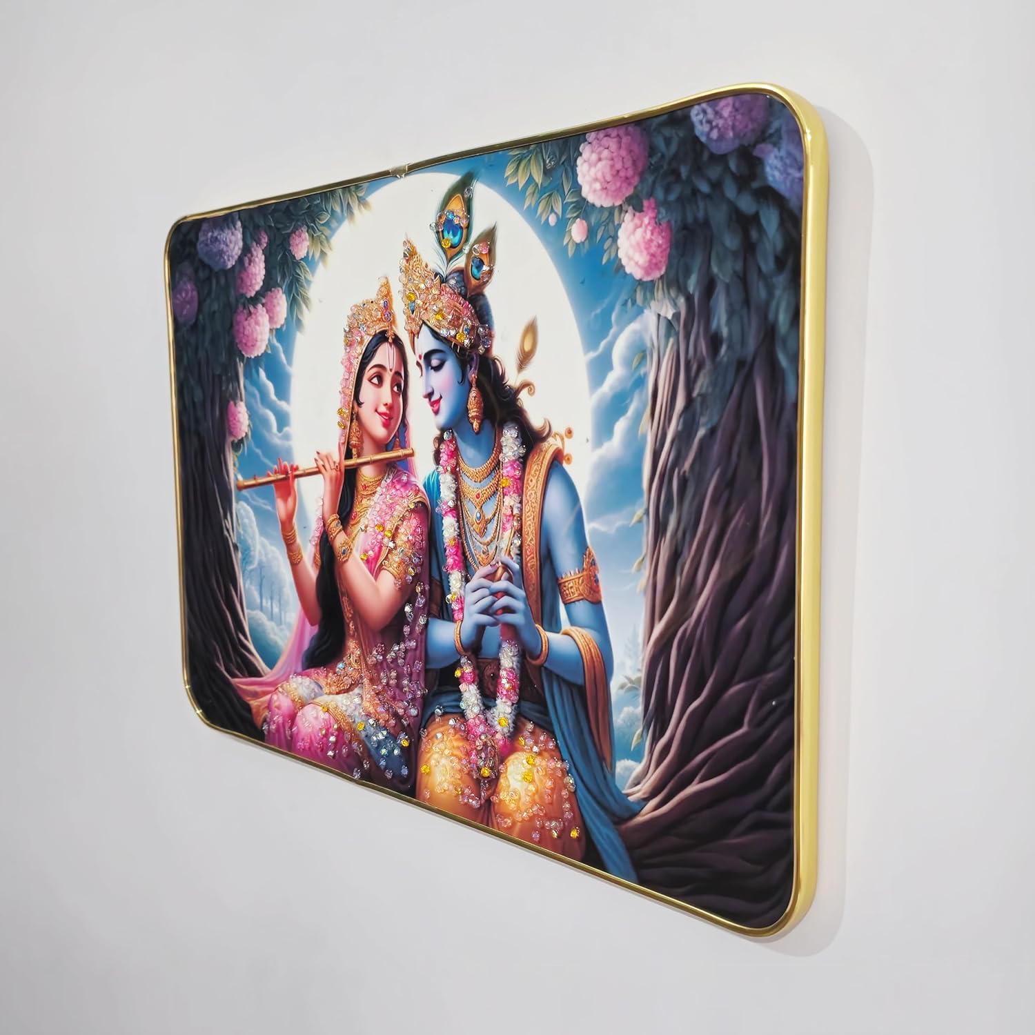 Radha Krishna Wall Painting – Crystal Embedded, High Gloss, Gold Slim Frame, 45x30cm Wall Art