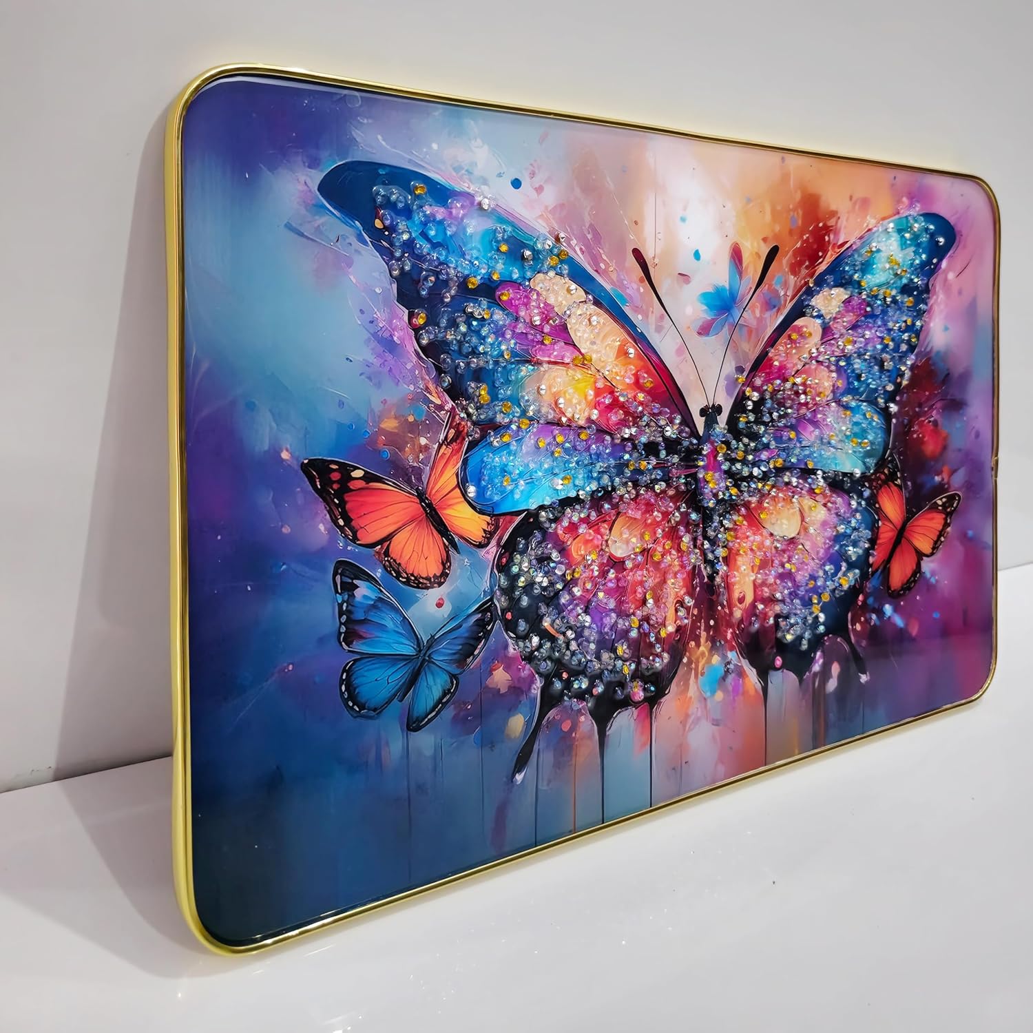 Decorative Butterfly Wall Painting with Crystal Embedded High Gloss Surface Gold Slim Frame Embossed, 45x30 cm Wall Hanging Photos Home Décor Wall Art