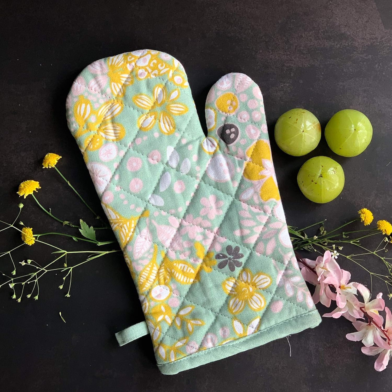 Cotton Flower Print Oven Mitt and Pot Holder (Green Flower GPH)