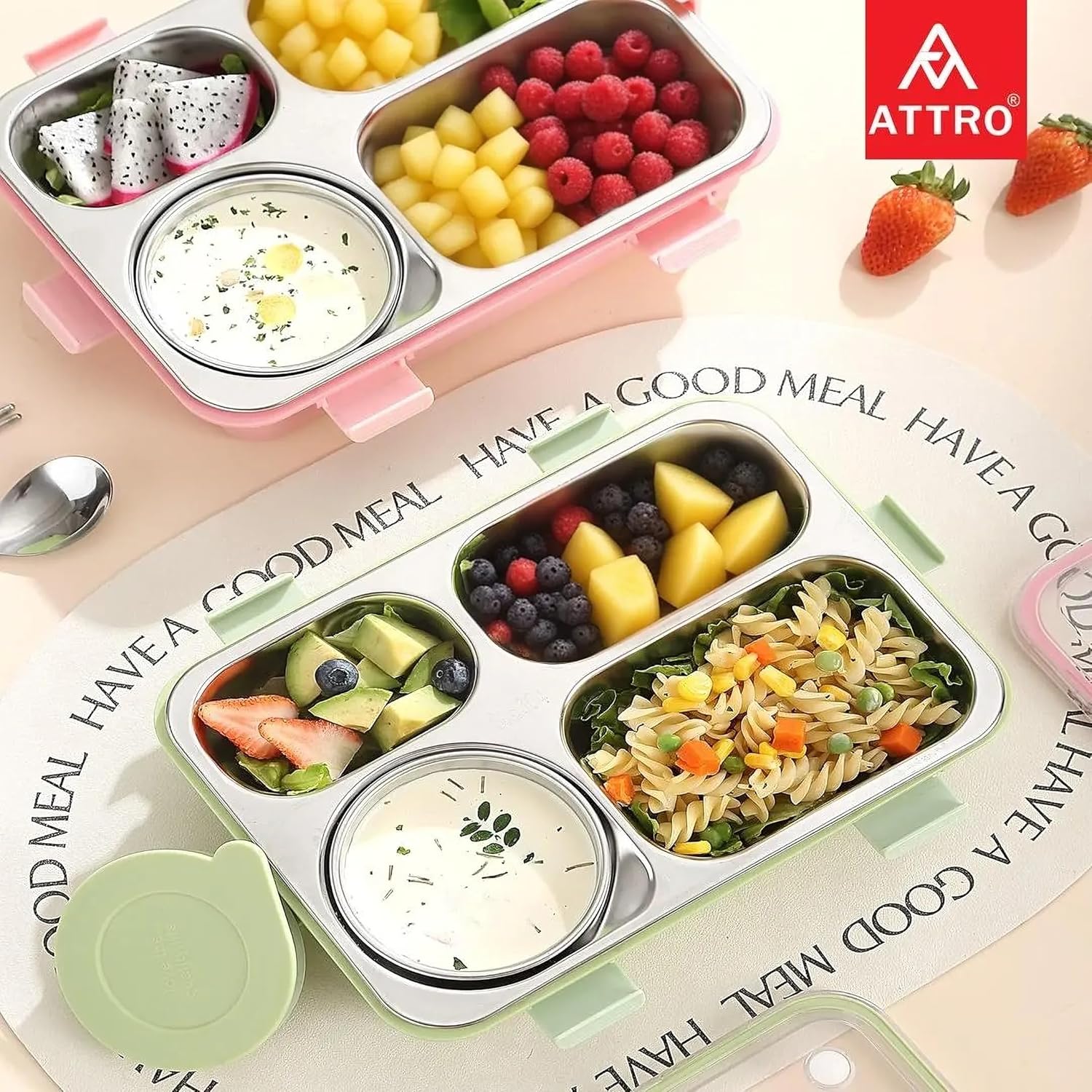 Alpha 4 Kids Lunch Box with 3 Compartment Inner Steel, 1 Small Container, Spoon & Chopstick Leakproof Heating & Water Insulation- 850ml+150ml Peach
